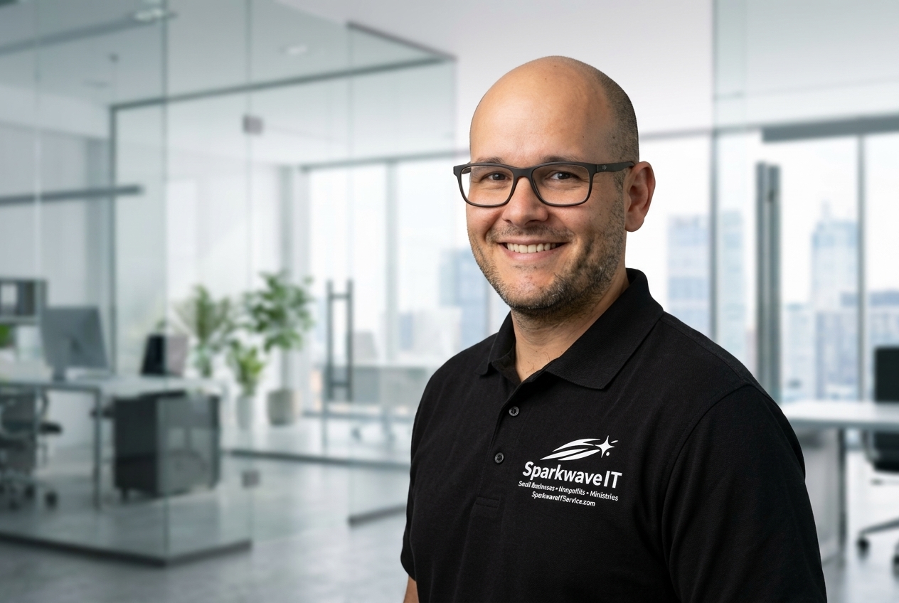 Michael Kelly in a black Sparkwave IT polo shirt